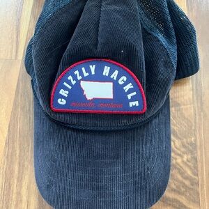 Grizzly Hackle Corduroy Trucker Hat - Black with Blue Patch